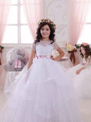 Marfil Cuello de Corazón Tul Encaje Largo vestidos de niña de las flores Descuento