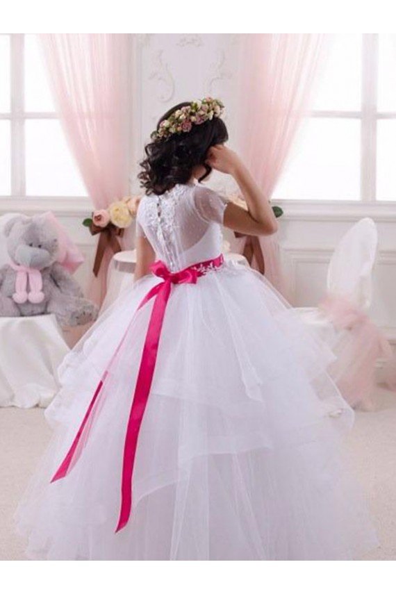 Marfil Cuello de Corazón Tul Encaje Largo vestidos de niña de las flores Descuento