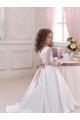 Marfil Cuello en V Cola capilla Satén Encaje Largo vestidos de niña de las flores Descuento