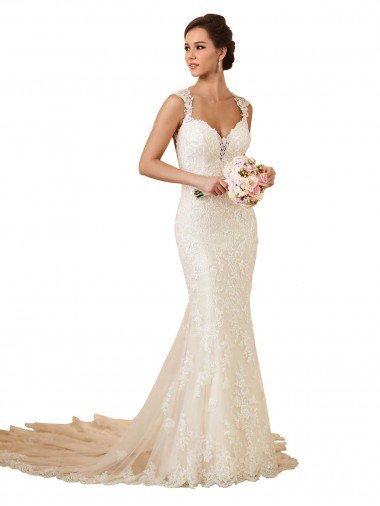 Marfil Sirena Cuello de Corazón Cola capilla Encaje Vestidos de novia Descuento