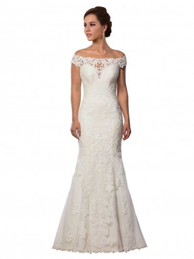 Marfil Sirena Hombros Descubiertos Cola capilla Encaje Boho Vestidos de novia Descuento