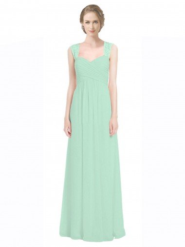 Menta Verde línea A Cuello de Corazón Gasa Encaje Largo Vestidos de dama de honor Descuento