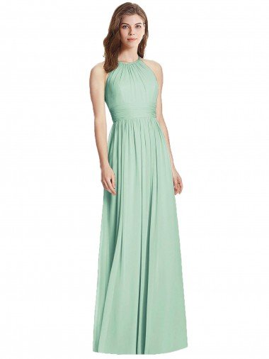 Menta Verde línea A Halter Gasa Largo Vestidos de dama de honor Descuento