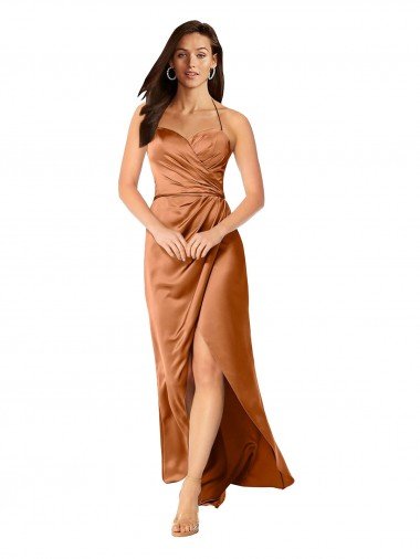 Naranja línea A Tirantes espagueti Satén sedoso Largo Asimétrico Formales Vestidos de dama de honor / Vestidos de fiesta Descuento