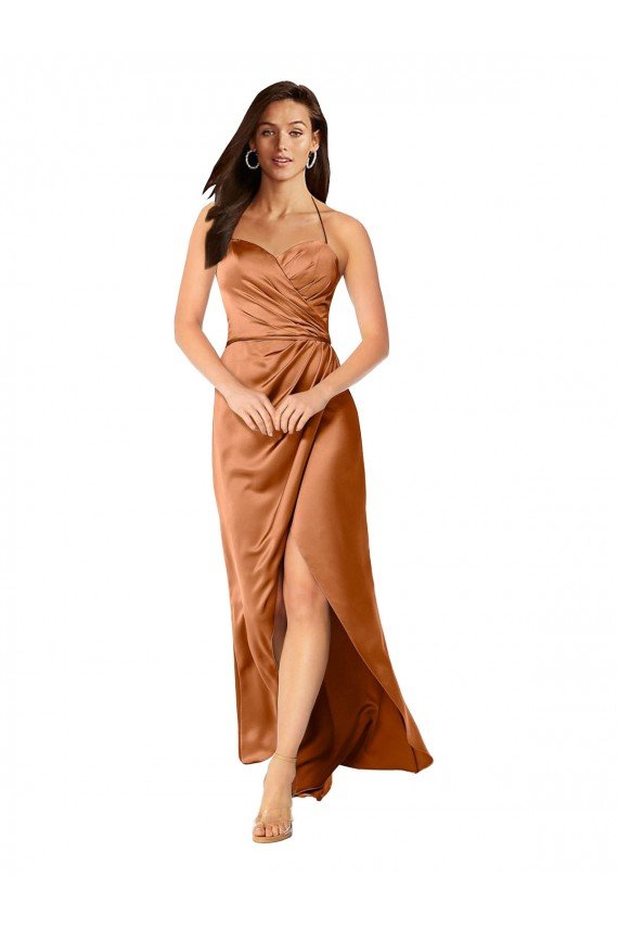 Naranja línea A Tirantes espagueti Satén sedoso Largo Asimétrico Formales Vestidos de dama de honor / Vestidos de fiesta Descuento