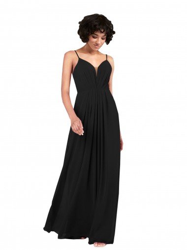 Negro Columna Cuello en V Gasa Largo Formales Vestidos de dama de honor / Vestidos de noche Descuento