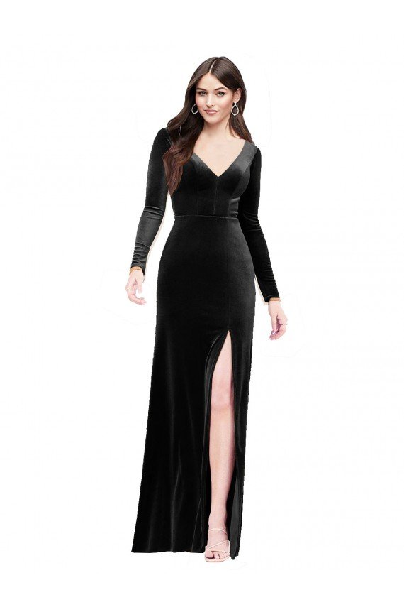 Negro Columna Cuello en V Terciopelo Elástico Largo Formales Vestidos de dama de honor / Vestidos de fiesta Descuento