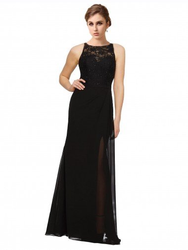 Negro Cubierta Cuello Alto Gasa Encaje Largo Vestidos de dama de honor Descuento