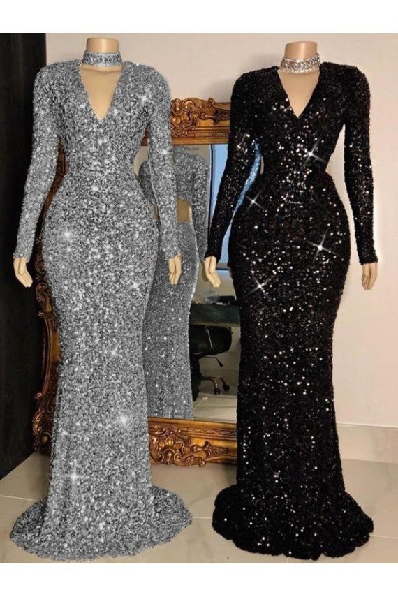 Negro Cubierta Cuello en V Barrer tren Lentejuelas Terciopelo Largo Vestidos de fiesta Descuento