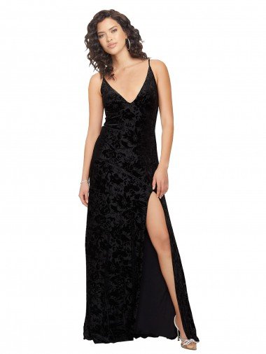Negro Cubierta Cuello en V Terciopelo floral Terciopelo Elástico Largo Vestidos de dama de honor Descuento