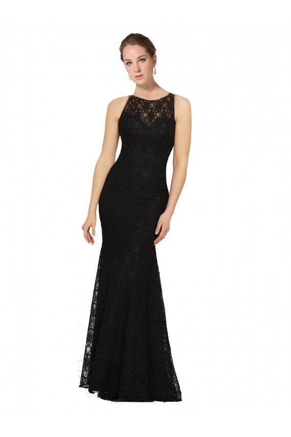 Negro Cubierta Cuello joya Encaje Largo Vestidos de dama de honor Descuento