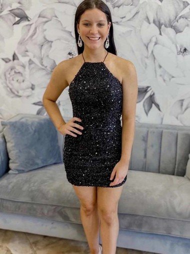 Negro Cubierta Halter Corto Lentejuelas Terciopelo Corto Vestidos de fiesta Descuento