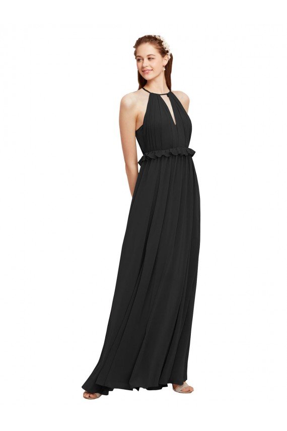 Negro Cubierta Halter Gasa Largo Vestidos de dama de honor Descuento