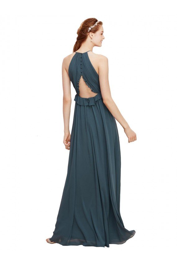 Negro Cubierta Halter Gasa Largo Vestidos de dama de honor Descuento