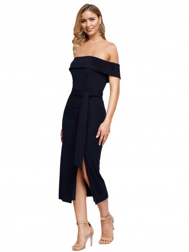 Negro Cubierta Hombros Descubiertos Cuadrado Midi Crepé Elástico Corto Formales Vestidos de dama de honor / Vestidos de fiesta / Vestidos de cóctel Descuento
