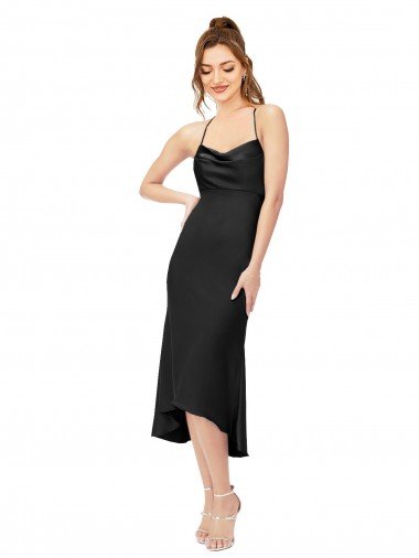 Negro Cubierta Midi Satén sedoso Corto Asimétrico Formales Vestidos de dama de honor / Vestidos de fiesta / Vestidos de cóctel Descuento