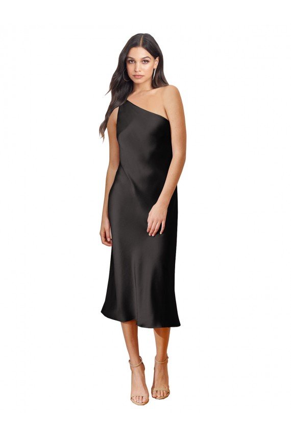 Negro Cubierta Un Hombre Midi Satén elástico Corto Formales Vestidos de dama de honor / Vestidos de fiesta / Vestidos de cóctel Descuento