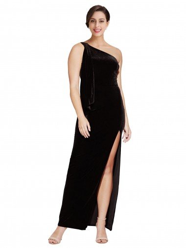 Negro Cubierta Un Hombre Terciopelo Elástico Largo Formales Vestidos de dama de honor / Vestidos de fiesta Descuento