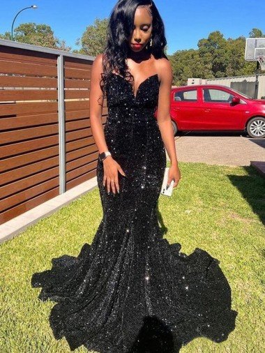Negro Sirena Cuello de Corazón Lentejuelas Terciopelo Largo Vestidos de fiesta Descuento