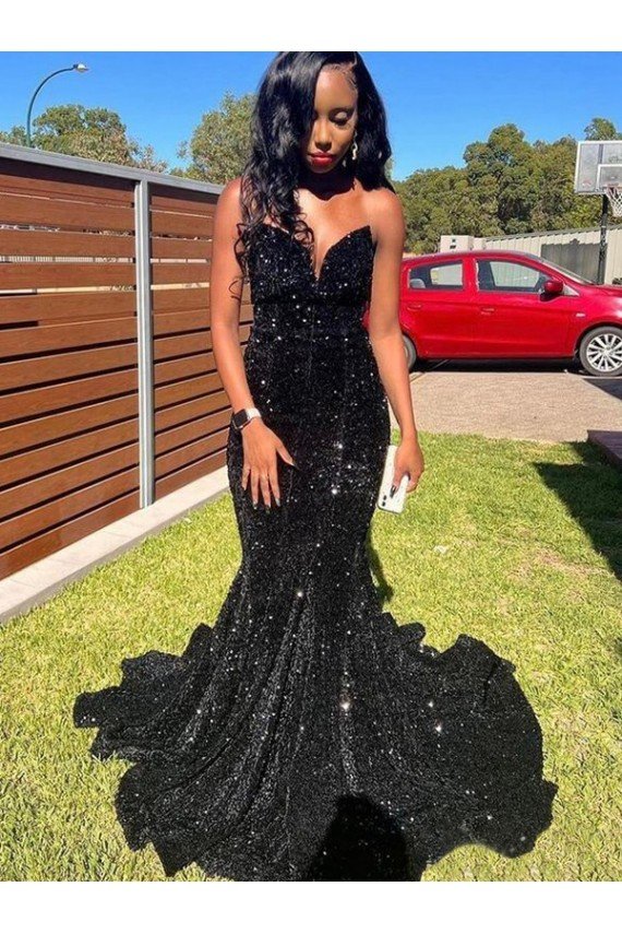 Negro Sirena Cuello de Corazón Lentejuelas Terciopelo Largo Vestidos de fiesta Descuento