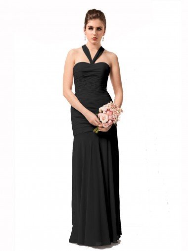 Negro Sirena Halter Gasa Largo Vestidos de dama de honor Descuento