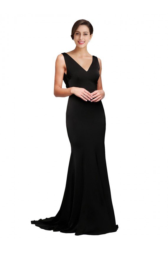 Negro línea A Cuello en V Barrer tren Satén sedoso Largo Formales Vestidos de dama de honor / Vestidos de fiesta Descuento
