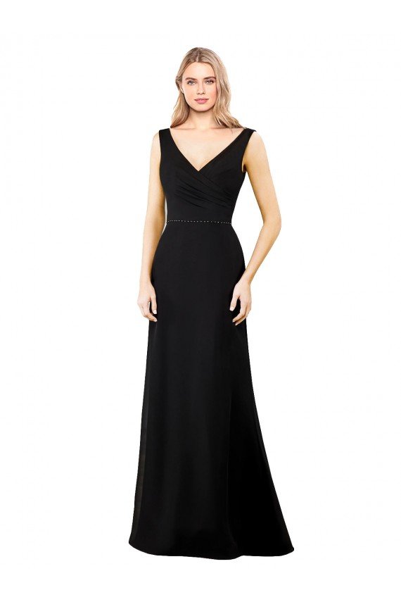 Negro línea A Cuello en V Gasa Largo Vestidos de dama de honor / Vestidos de fiesta Descuento