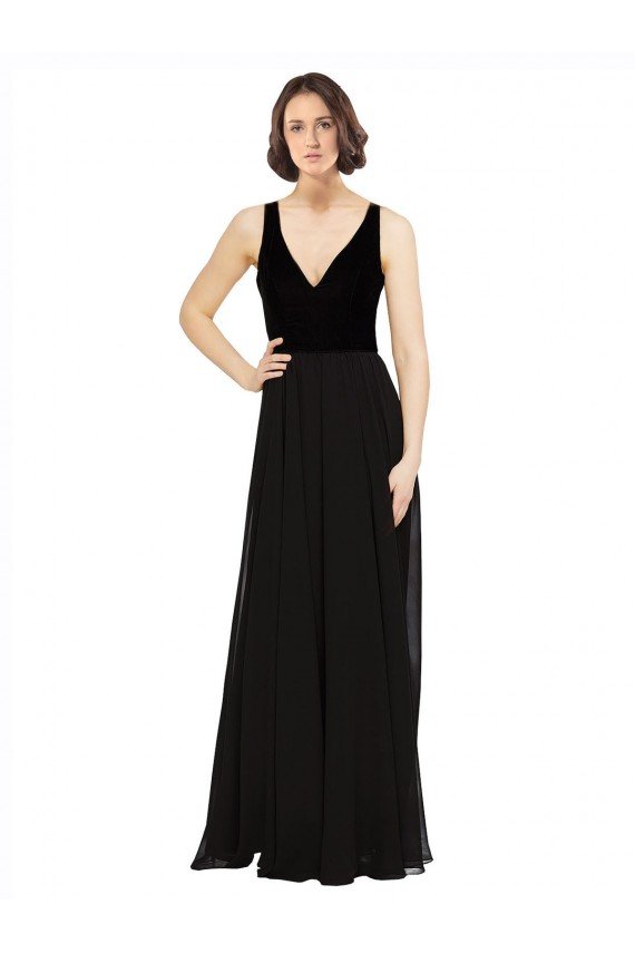 Negro línea A Cuello en V Gasa Terciopelo Largo Vestidos de dama de honor / Vestidos de fiesta Descuento