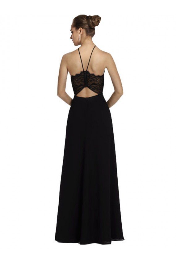Negro línea A Halter Gasa Encaje Largo Vestidos de dama de honor Descuento