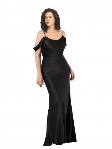 Negro línea A Hombros Descubiertos Satén sedoso Largo Formales Vestidos de dama de honor / Vestidos de fiesta Descuento
