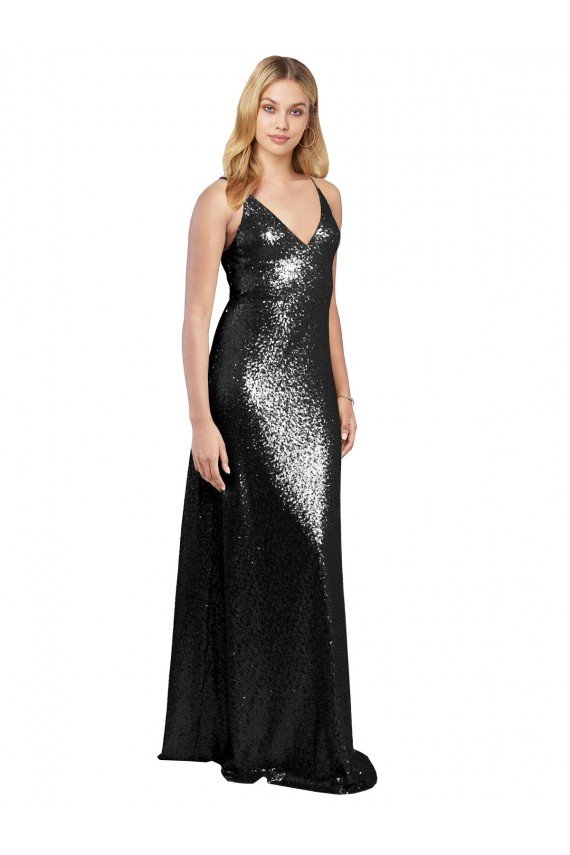 Negro línea A Tirantes espagueti Cuello en V Lentejuela Largo Formales Vestidos de dama de honor / Vestidos de fiesta Descuento
