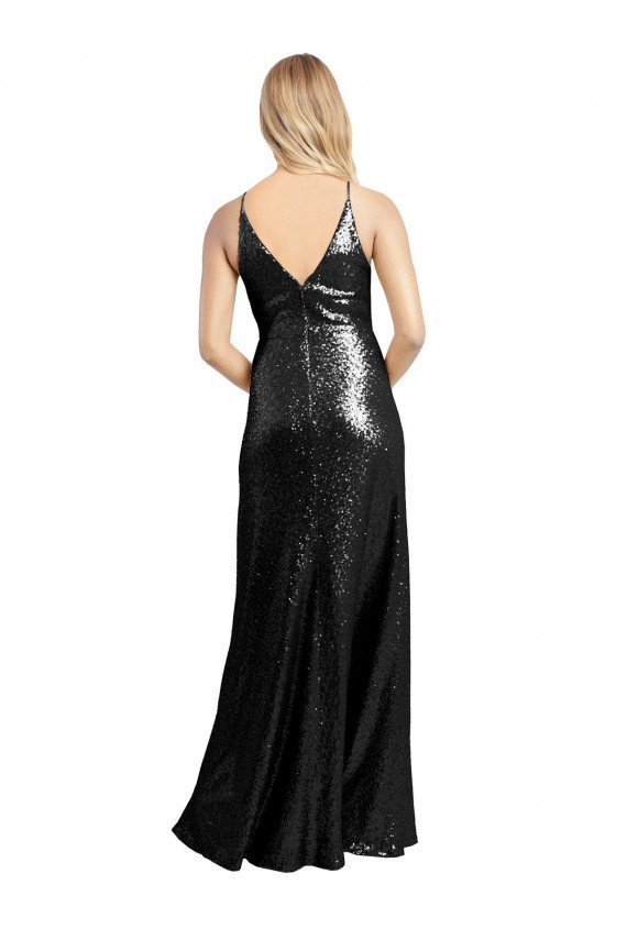 Negro línea A Tirantes espagueti Cuello en V Lentejuela Largo Formales Vestidos de dama de honor / Vestidos de fiesta Descuento
