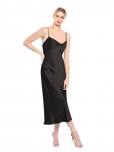 Negro línea A Tirantes espagueti Midi Satén elástico Corto Formales Vestidos de dama de honor / Vestidos de fiesta / Vestidos de cóctel Descuento