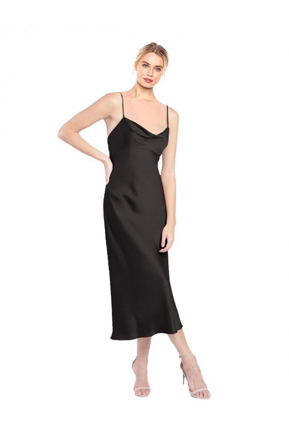 Negro línea A Tirantes espagueti Midi Satén elástico Corto Formales Vestidos de dama de honor / Vestidos de fiesta / Vestidos de cóctel Descuento
