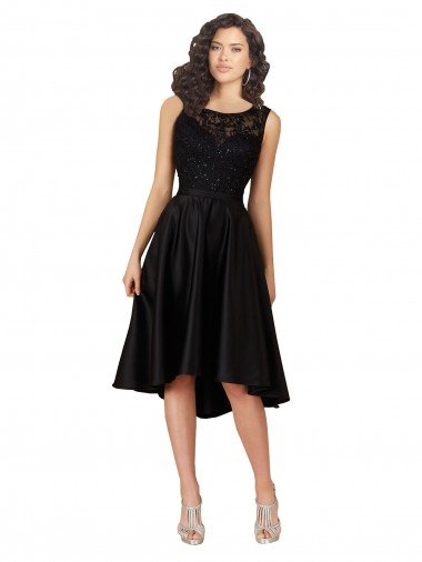 Negro línea A Ilusión Midi Satén Encaje Corto Asimétrico Vestidos de dama de honor / Vestidos de cóctel / Vestidos para homecoming Descuento