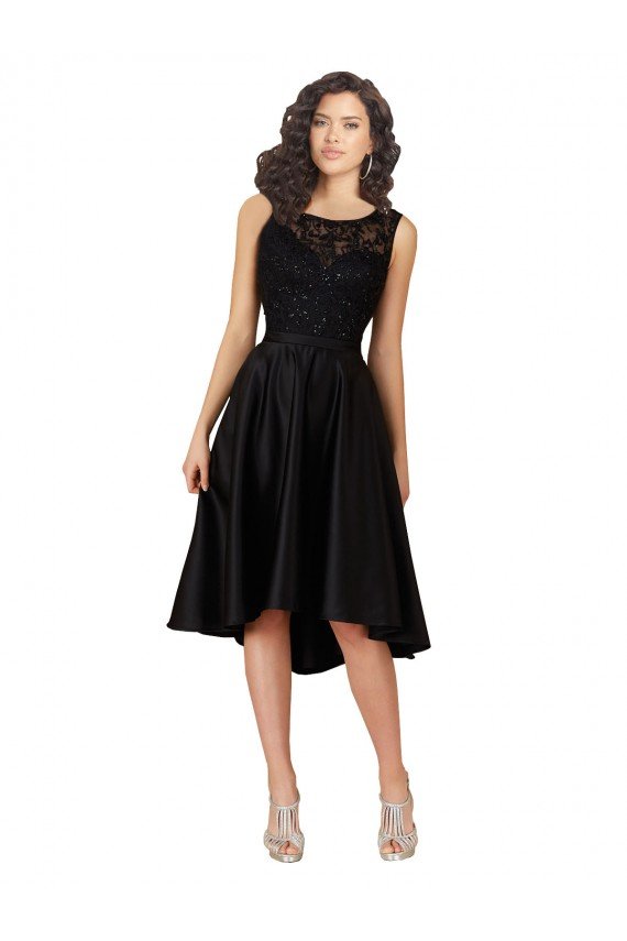Negro línea A Ilusión Midi Satén Encaje Corto Asimétrico Vestidos de dama de honor / Vestidos de cóctel / Vestidos para homecoming Descuento