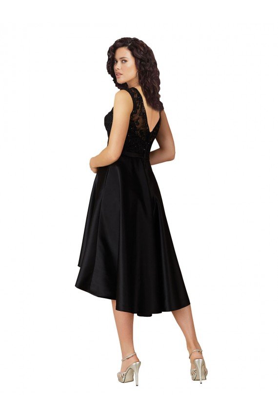 Negro línea A Ilusión Midi Satén Encaje Corto Asimétrico Vestidos de dama de honor / Vestidos de cóctel / Vestidos para homecoming Descuento