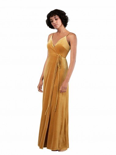 Oro Columna Cuello en V Terciopelo Elástico Largo Formales Vestidos de dama de honor / Vestidos de fiesta Descuento