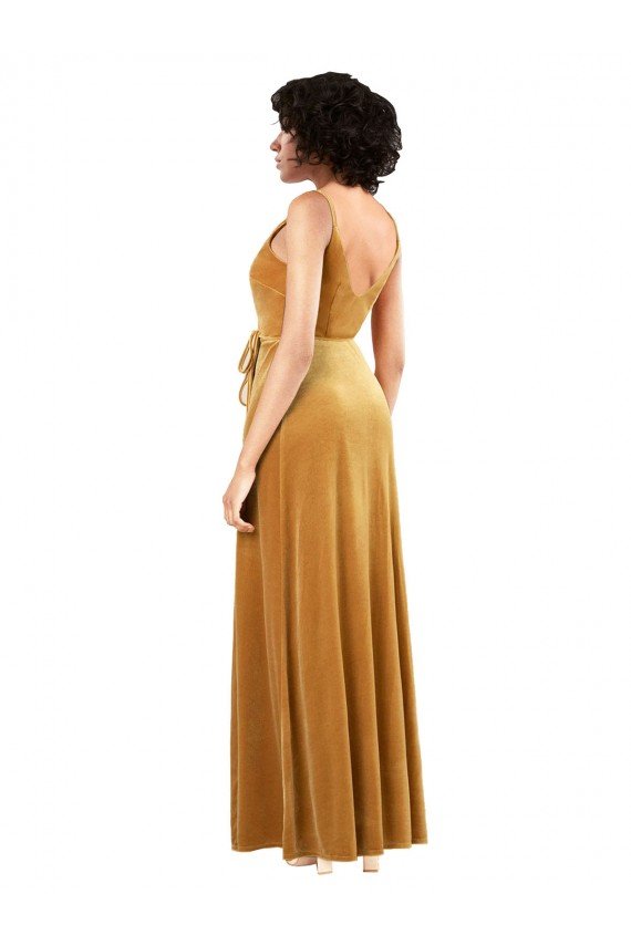 Oro Columna Cuello en V Terciopelo Elástico Largo Formales Vestidos de dama de honor / Vestidos de fiesta Descuento