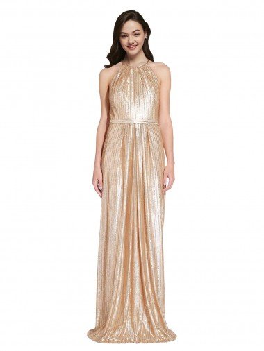 Oro Cubierta Halter Cuello Alto Lentejuela Largo Formales Vestidos de dama de honor / Vestidos de fiesta Descuento