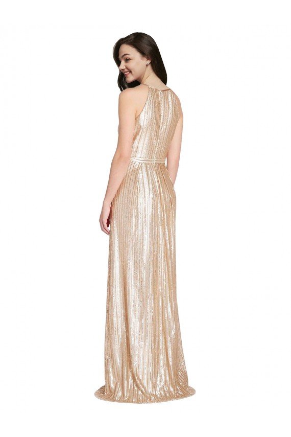 Oro Cubierta Halter Cuello Alto Lentejuela Largo Formales Vestidos de dama de honor / Vestidos de fiesta Descuento