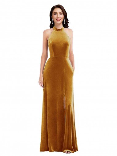 Oro Trompeta Halter Cuello Alto Terciopelo Elástico Largo Vestidos de dama de honor / Vestidos de fiesta Descuento