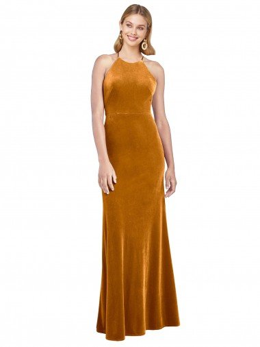 Oro línea A Halter Cuello Alto Terciopelo Elástico Largo Formales Vestidos de dama de honor / Vestidos de fiesta Descuento