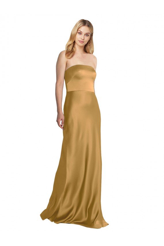 Oro línea A Sin tirantes Satén elástico Largo Formales Vestidos de dama de honor / Vestidos de fiesta Descuento