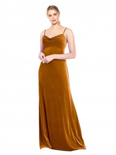 Oro línea A Tirantes espagueti Terciopelo Elástico Largo Vestidos de dama de honor / Vestidos de fiesta Descuento