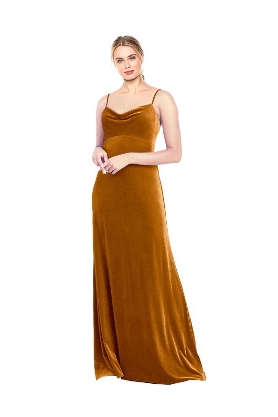 Oro línea A Tirantes espagueti Terciopelo Elástico Largo Vestidos de dama de honor / Vestidos de fiesta Descuento