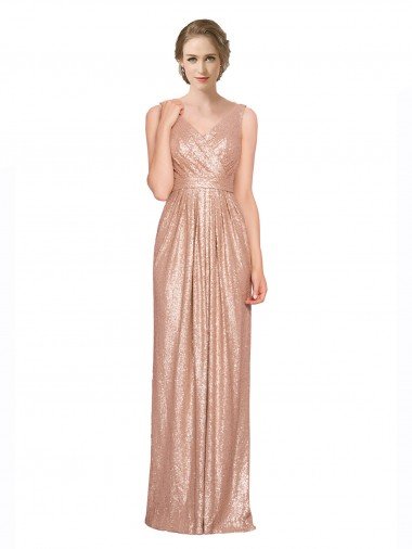 Oro rosa Cubierta Cuello en V Lentejuela Largo Formales Vestidos de dama de honor / Vestidos de fiesta Descuento