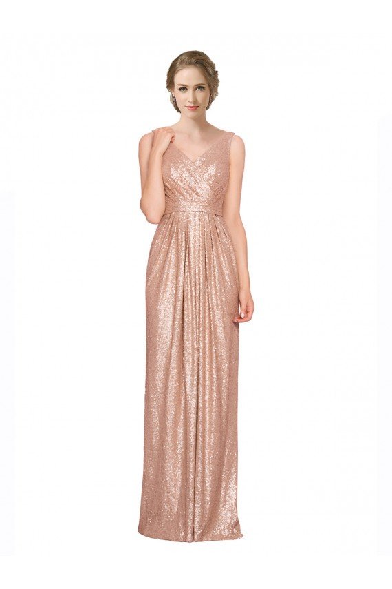 Oro rosa Cubierta Cuello en V Lentejuela Largo Formales Vestidos de dama de honor / Vestidos de fiesta Descuento
