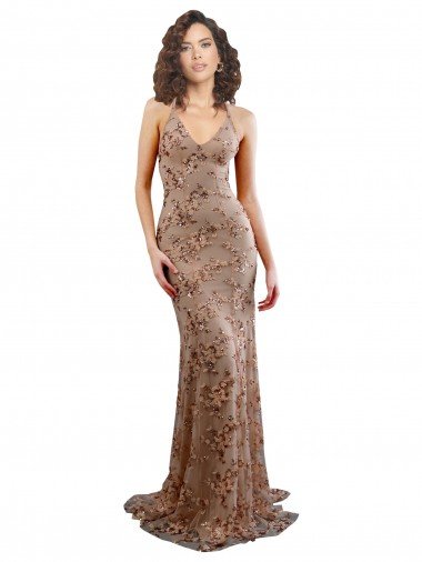 Oro rosa Sirena Cuello en V Cuello Alto Crepé Elástico Lentejuela Tul Largo Formales Vestidos de dama de honor / Vestidos de fiesta Descuento