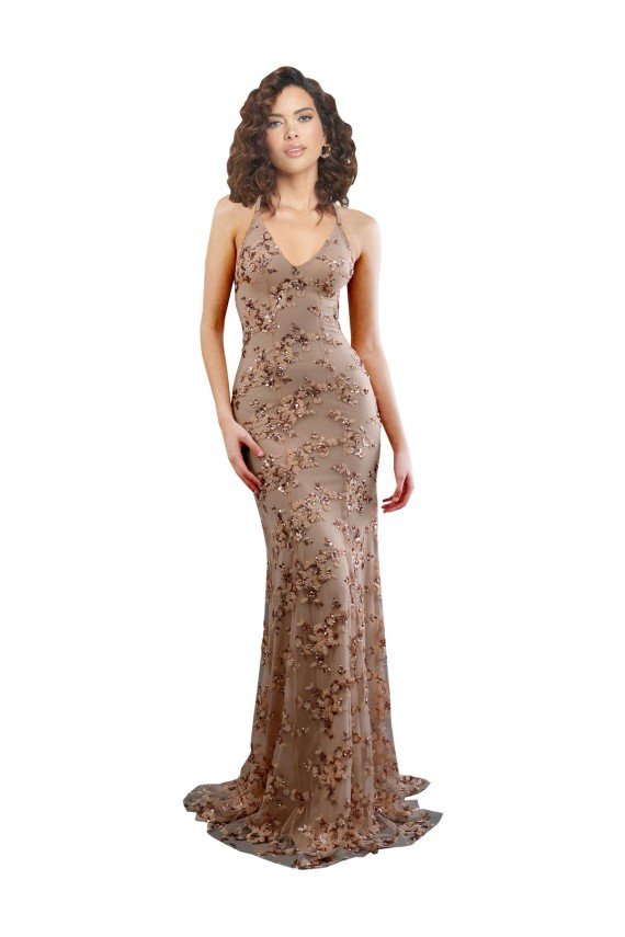 Oro rosa Sirena Cuello en V Cuello Alto Crepé Elástico Lentejuela Tul Largo Formales Vestidos de dama de honor / Vestidos de fiesta Descuento